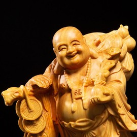 dfjlwke Wooden Sculpture Buddha Statue, Seven Lucky Gods Figurine, Hotei Figurine, Luxury Wood Carving, Boxwood Sculpture, Money Luck, Amulet, Height 3.9 inches (10 cm)