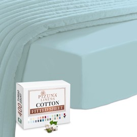 Pizuna 100% Cotton EU Single Fitted Sheet Baby Blue, 400 Thread Count Long Staple Cotton Fitted Sheet Single Bed 100 X 200cm, Sateen Weave Cooling Fitted Sheet Extra Deep 40 cm 1 PC Baby Blue
