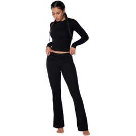 Sunzel Two Piece Sets for Women Long Sleeve Crop Top and Fold Over Flare Pant Casual Pajamas Outfits for Lounge, Black, Small