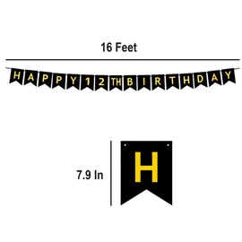 HAPPY 12TH BIRTHDAY Banner, Pre-Strung, Black Gold 12th Birthday Party Decorations, Happy 12 Year Old Bdy Party Banner, Twelve Birthday Banner
