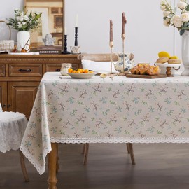 Fantastshop Pastoral Rectangle Tablecloth - Cotton Linen Washable Table Cloth with Gardenia Floral Patterns - Farmhouse Vintage Table Cover with Lace Trim for Dining Table Decor. 60 x 86 Inch.