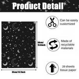 Jwssor Star Moon Tissue Paper,20sheets Black Silver 20x14inch Xmas Wrapping Paper,Silver Star for Christmas Wedding Birthday DIY Crafts