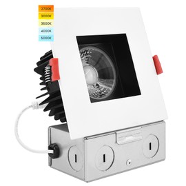 LUXRITE 4 Inch Square LED Recessed Lighting with Junction Box, 15W, 5 Color Selectable 2700K-5000K, 1100 Lumens, 40° Spotlight, Dimmable Downlight, Wet Rated, IC Rated - White and Black Trim