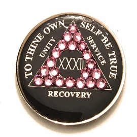 Recovery Line 32 Year AA, Alcoholics Anonymous, Sobriety, Black Medallion with Pink Crystals, Bling, Chip, Token