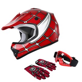 XFMT DOT Youth Kids Dirt Bike Helmet Full Face Motocross Helmets for Off-Road ATV Street Bike Four Wheeler Motorcycle with Goggles & Gloves, Red Spider X-Large