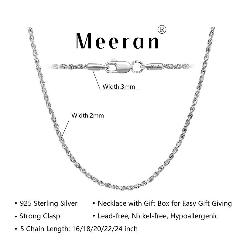 Meeran Sterling Silver Necklace for Men, 925 Silver Chain for