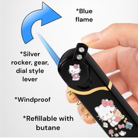 NIVEK Rhinestone Bling Rocker Arm Lighter Gear Dial Lighter Kitty KT Cat Melody Kulomi Japanese Character Kawaii Blue Flame Jet Torch Refillable Black Rocker Dial (Rhinestone Kitty)