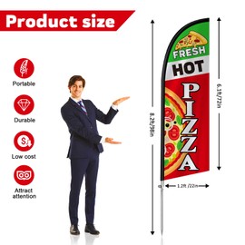 QSUM 8FT Fresh Hot Pizza Signs for Business, Fresh Hot Pizza Swooper Flag, Eye Catching Advertising Fresh Hot Pizza Banner with Stainless Steel Flagpole, Ground Stake and Polyester Flag