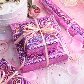 MAYPLUSS Shimmer Heart Wrapping Paper, Mini Roll, 17 Inch X 33 Feet, Holographic Iridescent Pink Gift Wrapping Paper with Love Foil for Valentine's Day, Girl Birthday Party, Wedding Shower, Christmas
