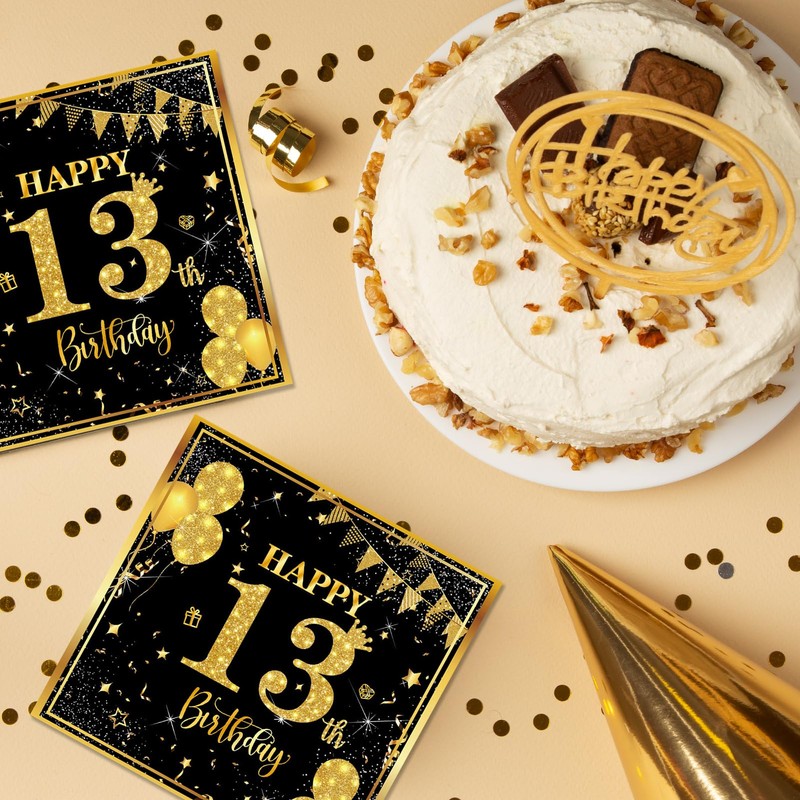 40pcs 13th Happy Birthday Napkins Black and Gold Happy Birthday