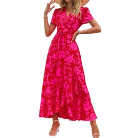 PRETTYGARDEN Women's Summer Wrap Maxi Dress Casual Boho Floral V Neck Short Sleeve Ruffle Hem Split Beach Long Dresses (Red Floral,Medium)