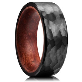 King Will 8mm Mens Black Tungsten Carbide Ring Inner Hole Inlaid Wood Hammered Texture Flat 11