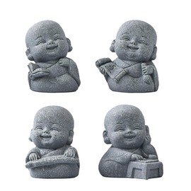 Ftplayuiq 4Pack Buddha Sandstone Statues Zen Monk Buddha Statue Zen Garden Decor Zen Monk Praying Statue Sculptures Ornament for Wealth Good Luck Feng Shui Decor(Laughing Buddha)