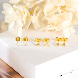 14k Gold Earrings Stud Earrings for Women Men, 3 Pairs Small Gold Geometric Stud Earrings Set Hypoallergenic Tiny Trendy Earring Stud -Triangle Square Bar