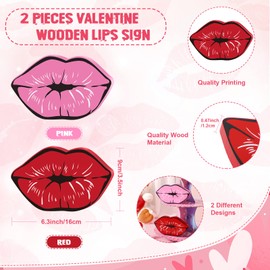Unittype 2 Pieces Girl Office Decor Lips Wooden Sign Kisses Tabletop Sign Valentine Wood Signs Farmhouse Tiered Tray Decor Lady Gifts for Women Home Table, 6.3 x 3.5 x 0.47 Inches (Red, Pink)