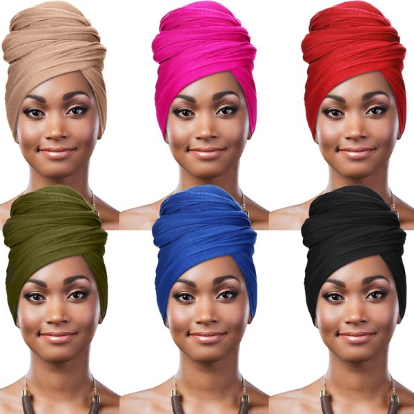 SATINIOR 6 Pieces Stretch Head Wraps Scarf Women African Turban Long Hair Scarf Soft Hair Band Tie Head Scarves for Women, 6 Colors (Black, Camel, Army Green, Blue, Rose Red, Red)