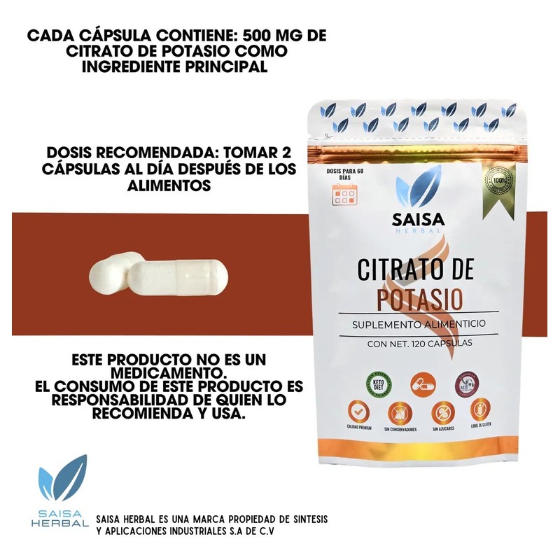 Citrato De Potasio 2 bolsas con 120 capsulas cu. Suplemento