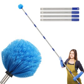 Cobweb Duster with Extension Pole, 10 FT Long Duster for High Ceilings, Walls, Medium Stiff Bristles Cobweb Brush with Lightweight Stainless Steel Pole for Outdoor Indoor Cleaning