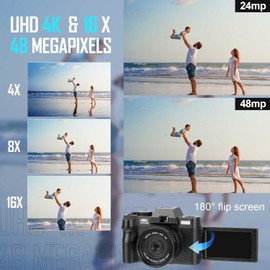 Digital Camera, 4K 48MP Cameras for Photography, 180° Flip Screen Camera with 16X Digital Zoom and WiFi Auto-Focus Vlogging Camera for YouTube with 32GB TF Card. Wide-Angle & Macro Lens S100-ZXWM