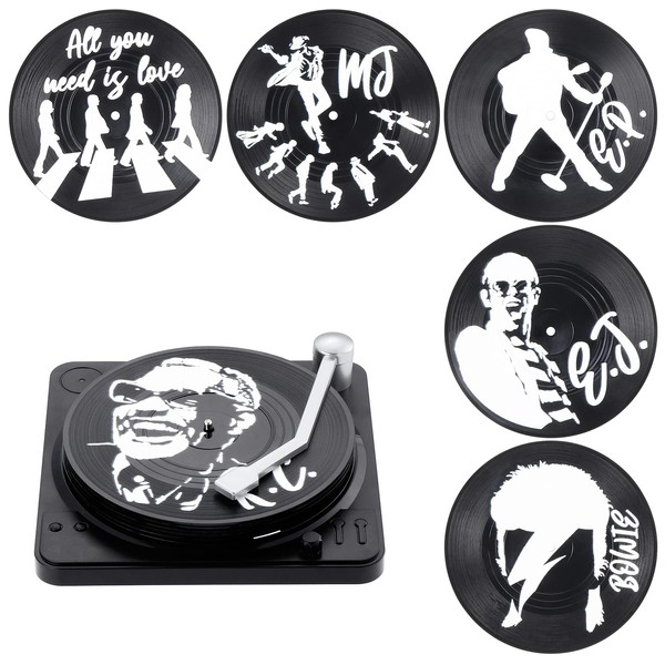 Kinsinder Pack of 6 Retro Vinyl Record Coasters, Non-Slip Rubber