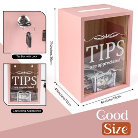 Yamahiko Wooden Tips Jar Tip Collection Box with Lock 6 x 4¾ x 7¾ Inch Money Coin Storage Container Donation Collection Suggestion Raffle Cash Box Jar for Restaurants Musicians Bartender Bars, Pink