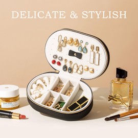 ProCase Travel Jewelry Organizer Box, Small Jewelry Organizer for Earrings Bracelet Necklace Ring, Compact Jewelry Storage Case for Women Girls -Black