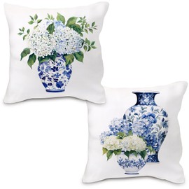 Nvotell Blue and White Chinoiserie Hydrangea Pillow Covers 18x18, Chinoiserie Decor, Farmhouse Blue Floral Grandmillenial Decorative Throw Pillows Case for Home Bedroom Living Room Decor, Set of 2