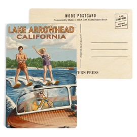 Lake Arrowhead, California, Water Skiing Scene (4x6 Birch Wood Postcards, 2-Pack Stationary, Rustic Home Wall Decor)