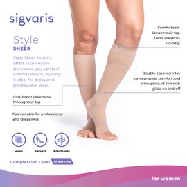 SIGVARIS Women’s Style Sheer 780 Open Toe Calf-High Socks 30-40mmHg - Golden - Large Long
