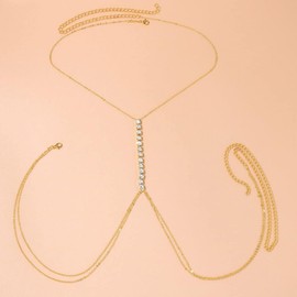 Cubahop Sparkle Crystal Chest Chain Bra Bikini Chain Harness Body Chain Summer Beach Nightclub Jewelry Adjustable for Women and Girls (Gold)