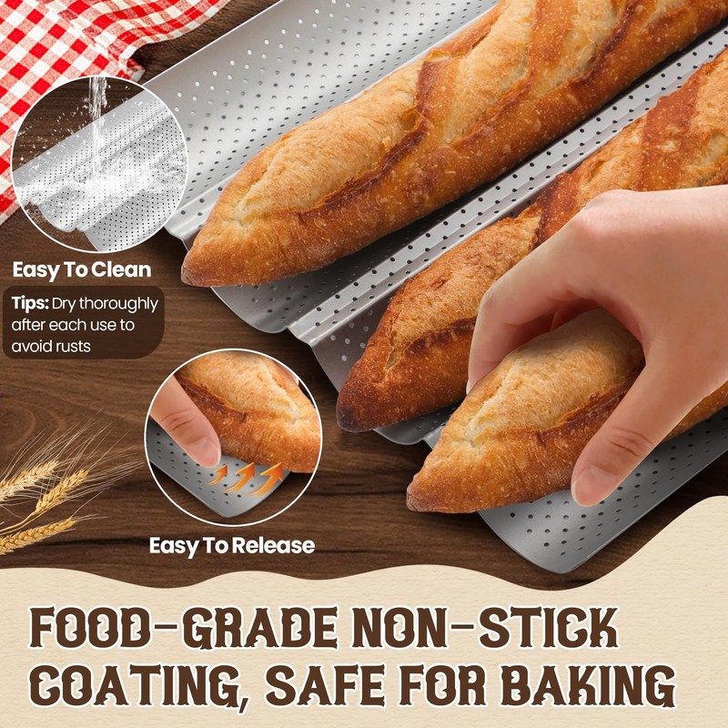 Pavsrmy Baguette Bread Pan, Premium Nonstick Perforated Baguette Pan for