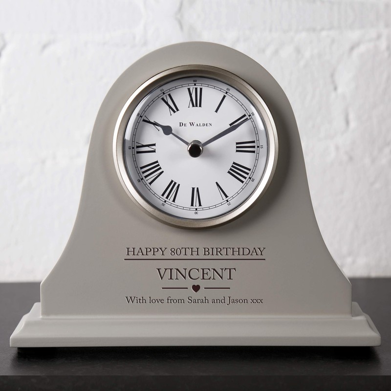 De Walden 80th Birthday Boys Engraved Grey Mantel Clock Eighty
