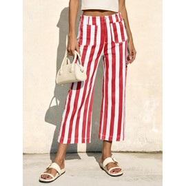 Tankaneo Womens Cropped Striped Jeans Casual High Waisted Stretchy Straight Leg Denim Pants with Pockets Red