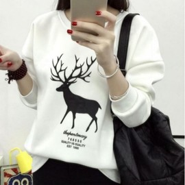 Simple Autumn/Winter Rudolph Fleece Long-Sleeve Sweatshirt Women's White