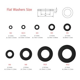 Metal Washers Assortment, 600 Pieces Flat Washers Set, Black Carbon Steel, Round Washers for Bolts and Screws (M2/2.5/3/4/5/6/8/10/12/mm) (Black)