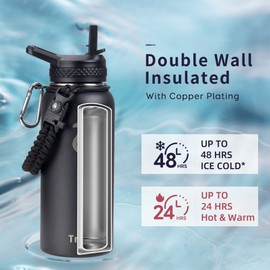 Stainless Steel Water Bottle with Straw 1L, Trebo Insulated Water Bottle 1L Metal Bottle with Straw Wide Mouth Double Wall Sports Bottle Keep Cold 48 Hours Water Bottle with 3 Lids, Black