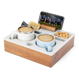 Hitseon Couch Cup Holder Tray, Portable Silicone Acacia Wooden 2 Cup Holder for Couch, Serving Tray with 360°Rotating Phone Holder, Anti-Spill Couch Orangizer for Snacks Remote White