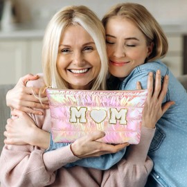 Hiroyuki Iridescent Quilted Makeup Bag, Extra Large Cosmetic Bag, Large Capacity Cute Makeup Pouch, pink, Iloveumom