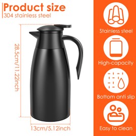 2L/68OZ Stainless Steel Thermal Coffee Carafe, Vacuum Insulated Jug for Hot/Cold Beverages, 24-Hour Temperature Retention for Home, Office & Camping (Black)