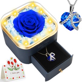 Lebana Preserved Blue Real Rose with Heart Necklace -Eternal Flowers Rose Birthday Gifts for Women Wife Mom Girlfriend Grandma Gifts Idea on Christmas Valentines Mothers Day for Her-Blue