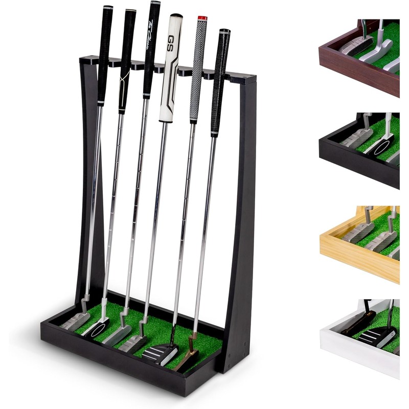 GoSports Premium Wooden Golf Putter Stand - Black, Natural, Brown,
