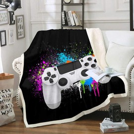 Homemissing Kids Gamer Fleece Blanket Gamer Plush Blanket for Bed Sofa Couch White Video Game Controller Sherpa Throw Blanket Colorful Tie Dye Blanket Black Single 50x60 Inch