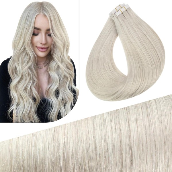 Fshine Injected Tape Extensions Real Hair White Blonde 10 Pieces 60 cm Virgin Hair Extensions Platinum Blonde Remy Straight Hair Extensions 25 g Tape-in Hair Extensions Real Hair #1000