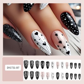 Press on Almond Nails Long Length Glossy Full Cover Almond Pointed False Nails with Designs Artificial Almond Shaped Fake Nails with Charms Glue Stick ons Fingernails for Women Girls(DY1731)