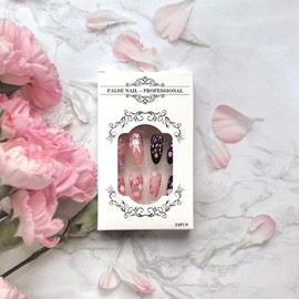 Easter Almond Press on Nails Medium Fake Nails Cute Bunny Eggs Design False Nails Matte Black Pink Glue on Nails Reusable Rabbit Flowers Stick on Nails Spring Easter Day Acrylic Nails for Women