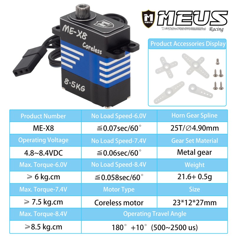 MEUS Racing Coreless RC Micro Servo 8.5KG with High Torque