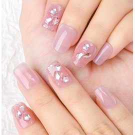 Sethexy Cat's Eye Handmade Press On Nails Short French Coffin Rhinestone False Nails 10PCS Fake Nails Bling Heart Fake Nail Glitter Crystal False Nail for Women and Girls (pink1, L)