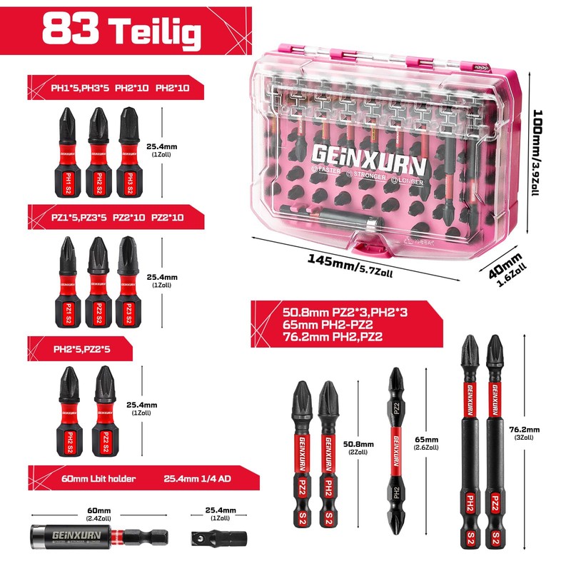Geinxurn 83-Piece Impact Resistant Screwdriver Phillips Pozidriv Bits Set, PH2