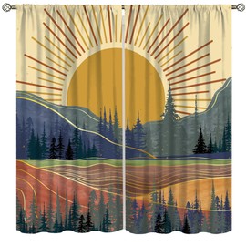 Llylumty Mid Century Abstract Mountain Curtains,Boho Minimalist Sunrise Sunset Sun Mid Century Nature Tree Forest Blackout Curtains for Bedroom Kitchen 21x45in,2 Panel Set