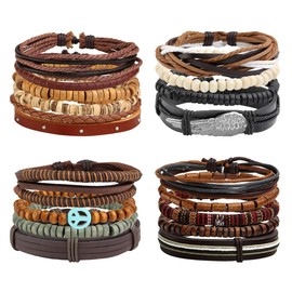 Manfnee Braided Leather Bracelet for Men Women Wooden Beads Cuff Wrap Bracelet Adjustable Pack of 6, 7 9 inch, Leather